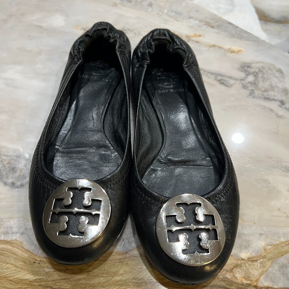 Tory Burch Reva Leather Black Silver Logo Ballet Flats Shoe Women's 6.5 - Picture 3 of 16